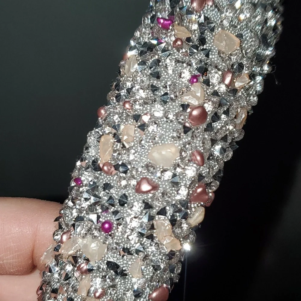New handmade boutique rhinestone stones and beads flexible wide headband silver - Picture 4 of 7